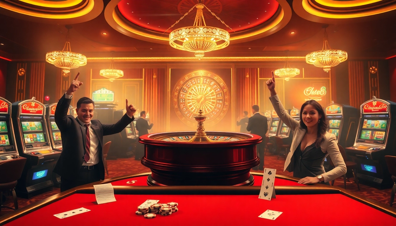 Players celebrating a win at a casino table featuring Luck8 branded chips and betting slips.