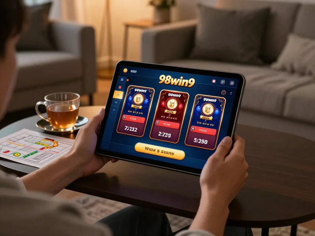 Enjoying a strategic gaming session on 98win9 tablet in a cozy living room