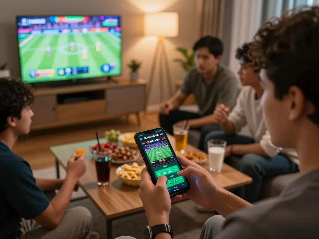Kèo Nhà Cái sports betting scene with friends placing bets on a smartphone, lively home atmosphere.
