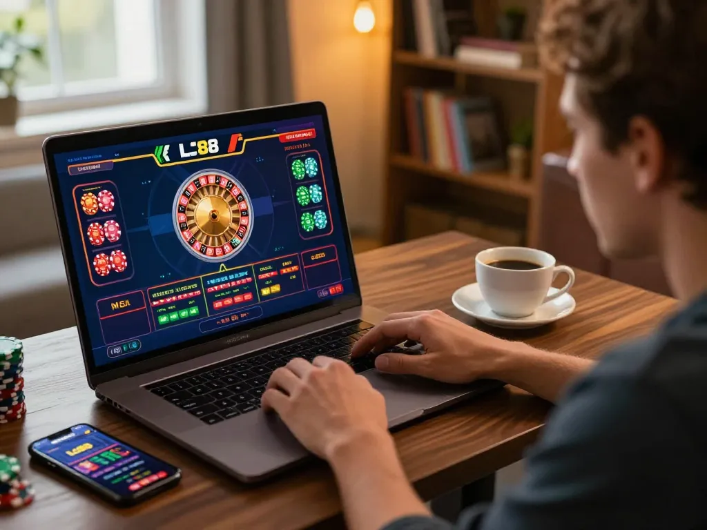 Engaged player exploring LC 88 online gaming options on laptop, showcasing responsible gaming environment.