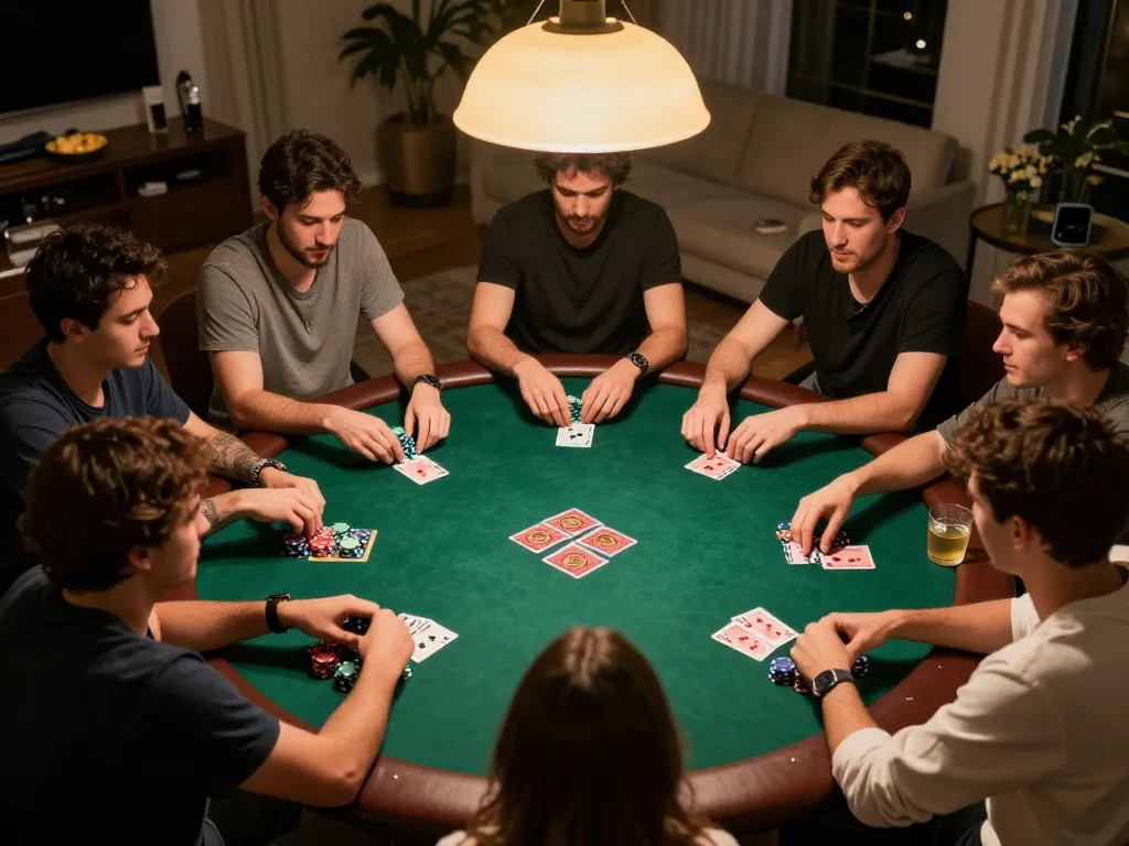 Players enjoy an engaging home poker night as they place bets with IncaKoin cryptocurrency, highlighting strategic gameplay