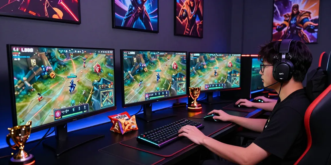 Engaged gamer at competitive LC888 e-sports setup with multiple monitors and vibrant LED lighting.
