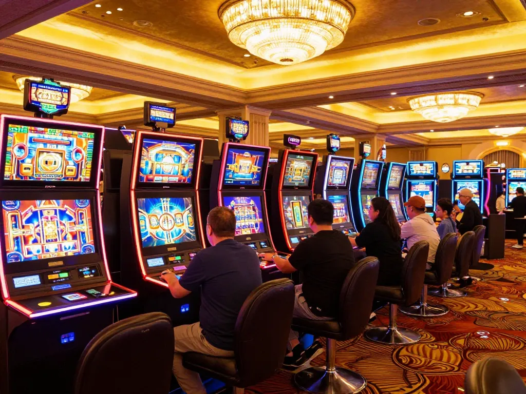 Players engaging with vibrant slot machines at sp8beta casino, showcasing exhilarating gaming atmosphere.