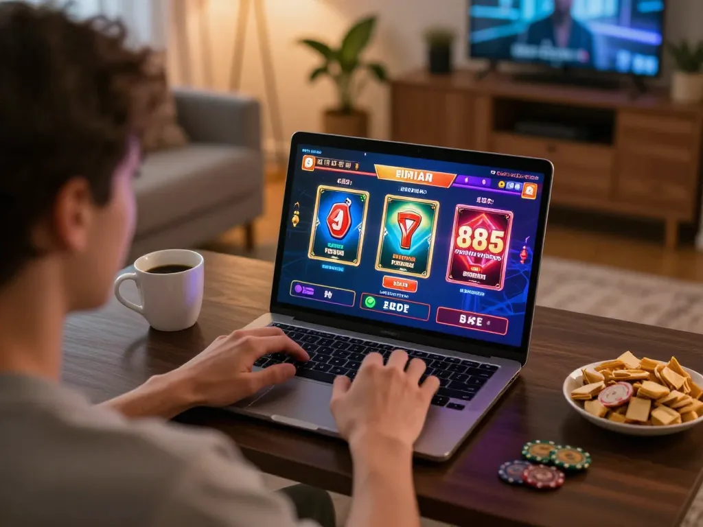 Engaged player exploring 88BET online casino games on a laptop, showcasing exciting gaming interface.