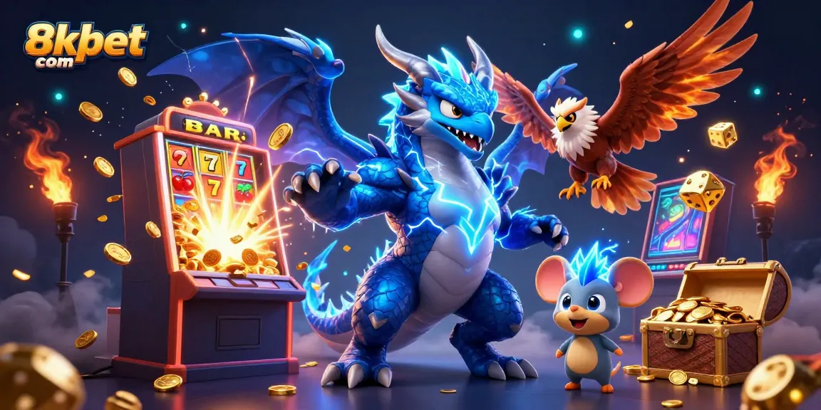 Engage with thrilling games at 8xbet com, featuring cartoon characters and exciting casino elements.