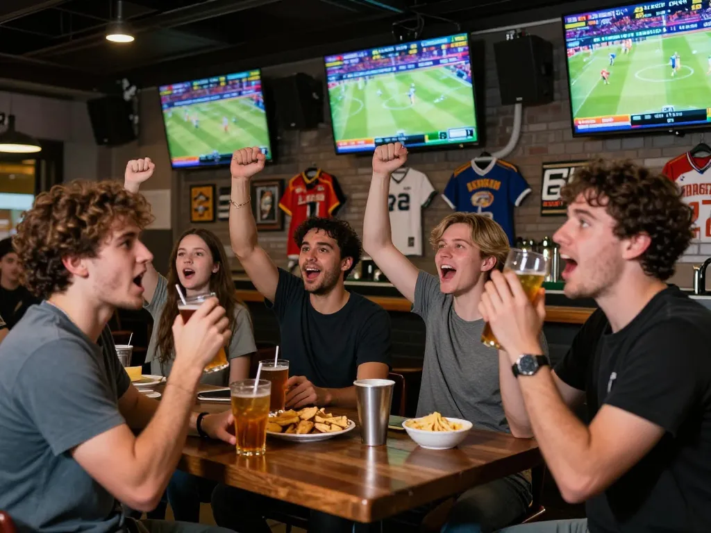 Friends celebrating debet betting wins at a lively sports bar with screens showing live games.