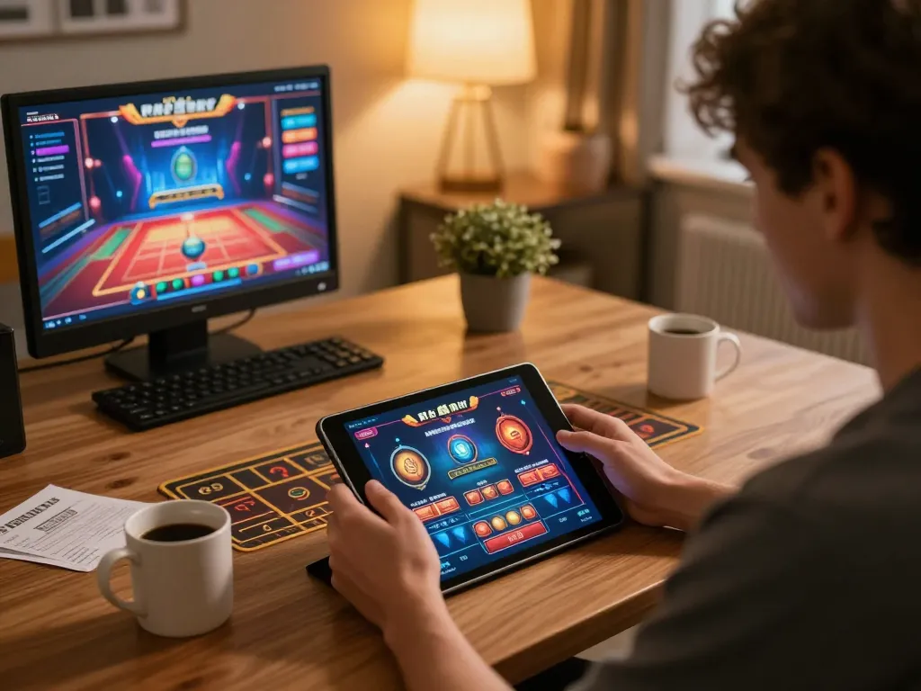Engaged player exploring online casino games on 78win with vibrant tablet interface.
