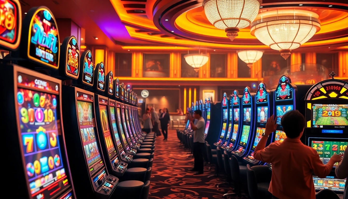 Engaging Nổ Hũ slot machines in a luxurious casino setting, showcasing vibrant gameplay and exciting atmosphere.