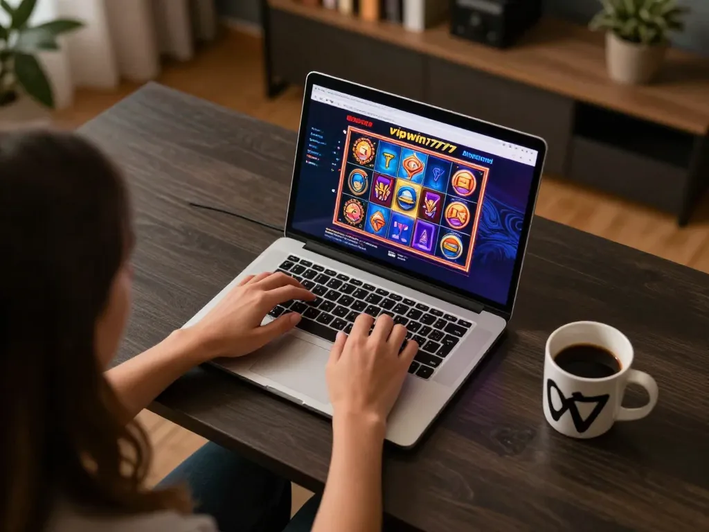 Engaging online gaming experience at vipwin777, showcasing a stylish home workspace with casino interface.