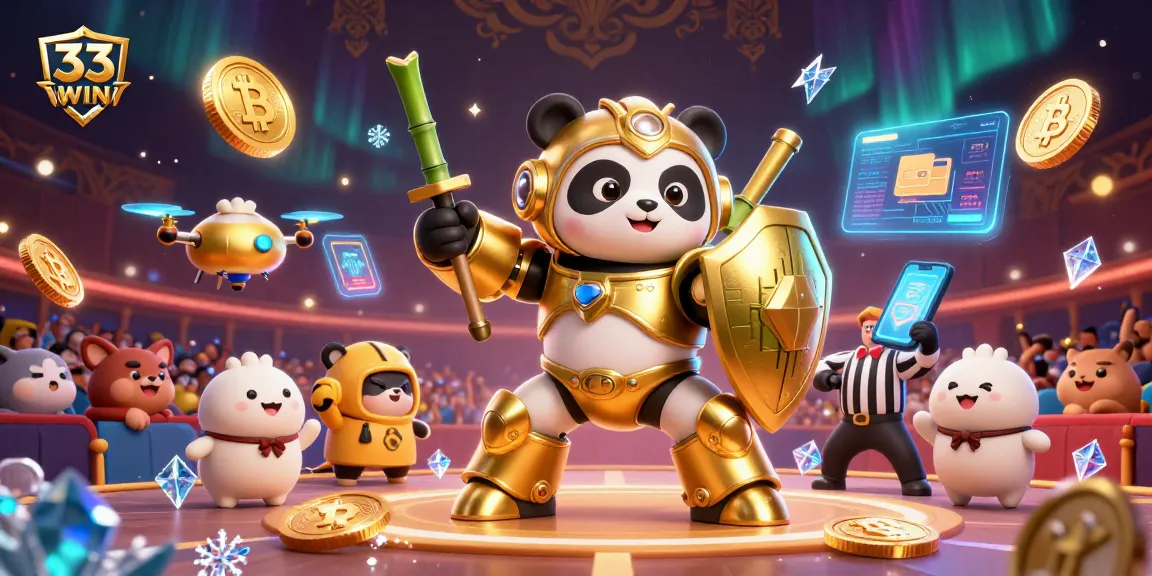 33WIN golden panda in mech-suit engages in an epic casino battle surrounded by crypto elements.