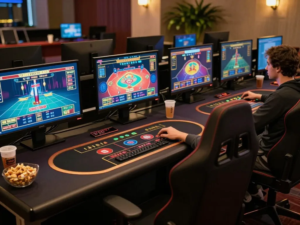 Engaging online gaming setup at llwin with multiple screens showing dynamic casino games