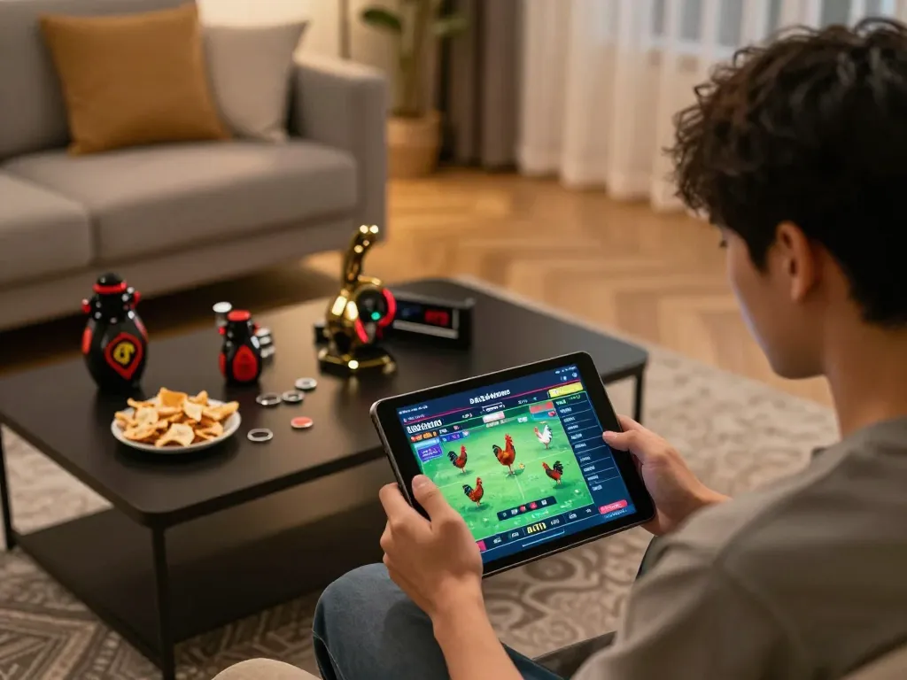 Engaging live action of Đá gà thomo streaming on a tablet during an exciting home betting experience.