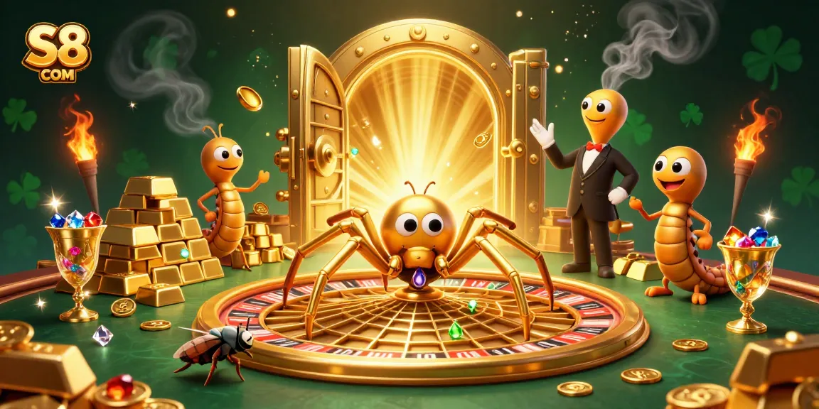 Engage in thrilling bets at S8 COM with a golden spider spinning a roulette wheel web.