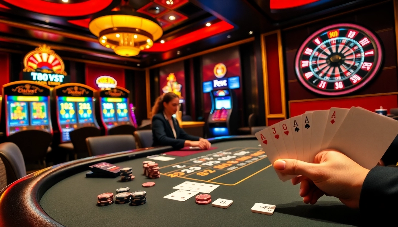 Players engaging in thrilling blackjack at https://23win.cooking/, surrounded by colorful casino decor and winning excitement.