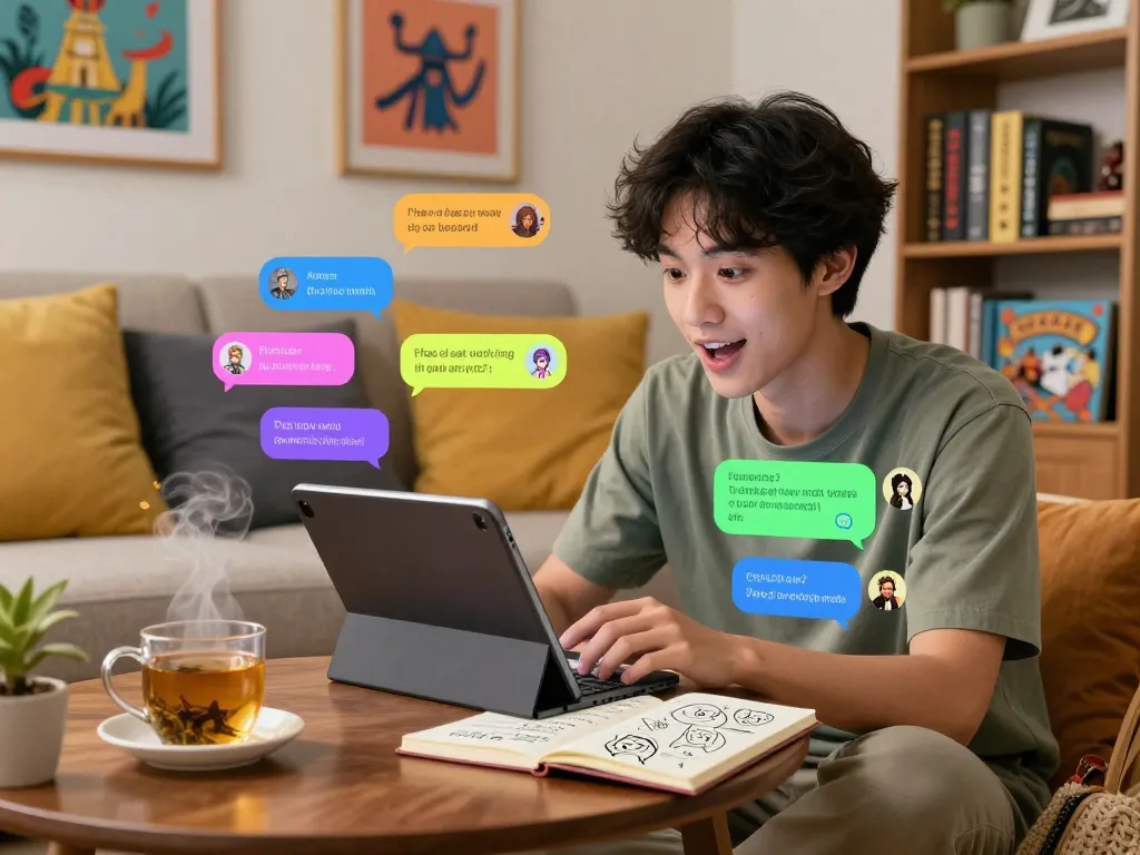 User enjoying spicy chat AI on a tablet in a cozy living room, with vibrant chat bubbles and creative elements.