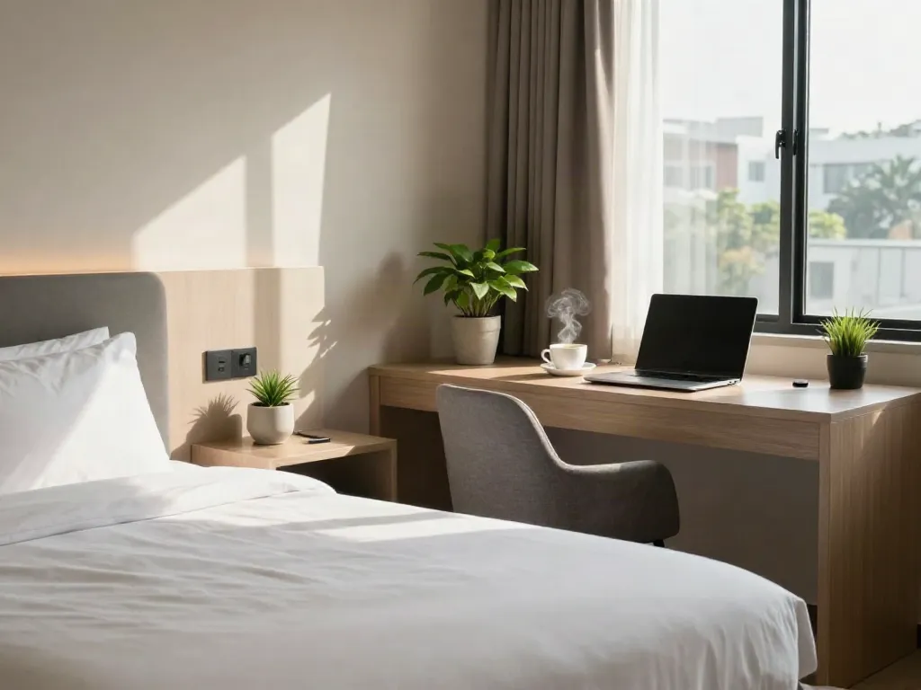 Comfortable hotel room at ROKOK88 with rokok88 login access, featuring a serene atmosphere, cozy bed, and modern decor.