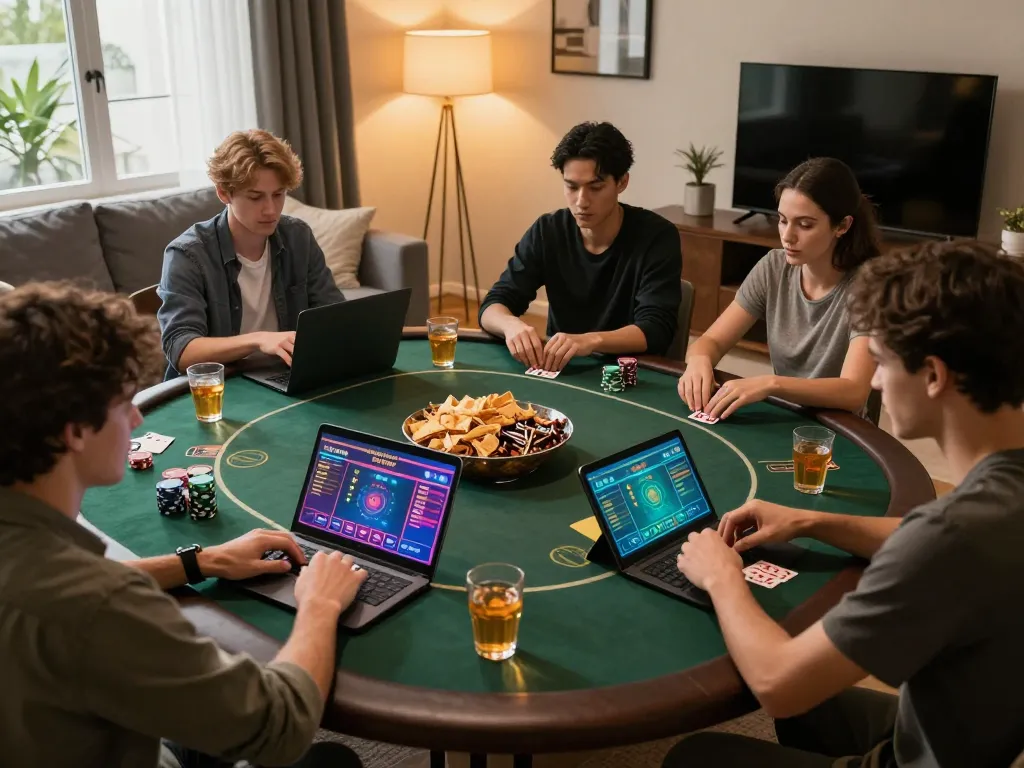 Players enjoying a poker game online with kjc gaming platforms, showcasing strategy and engagement in their cozy home.