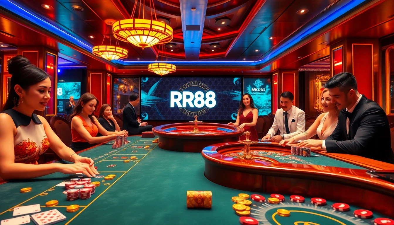 Players enjoying games at a luxury casino table, featuring RR88 logo and vibrant atmosphere.