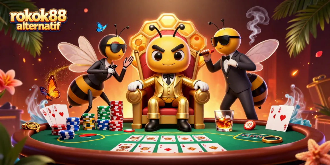 Play exciting games at rokok88 alternatif, featuring a vibrant 3D casino scene filled with poker chips.
