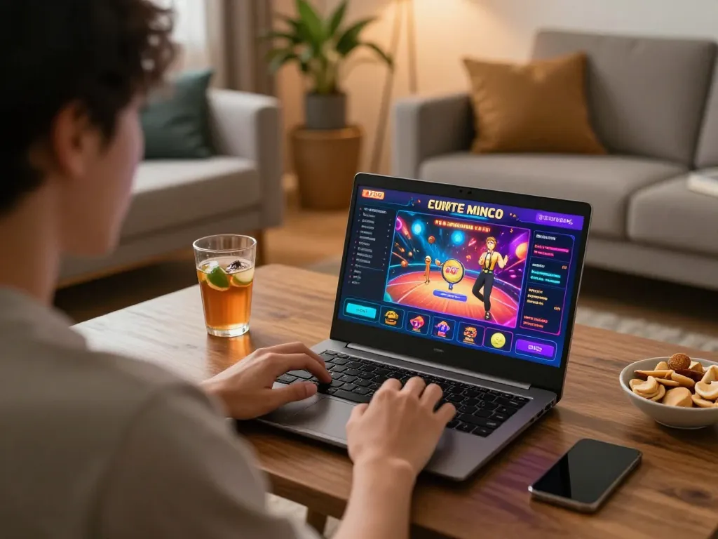 Player immersing in DW8 on a laptop in a cozy home setting with drinks and snacks.