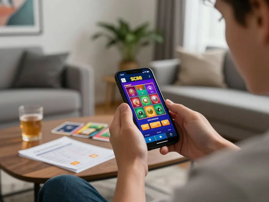 Player engaging with the SC88 app on smartphone in a cozy home setting showcasing online gaming.
