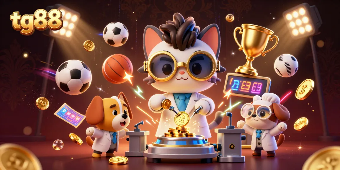 tg88 showcases an exciting casino scene with a mad scientist cat and dog creating winning strategies.