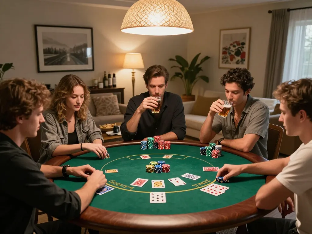 Join friends at https://vb88.llc/ for an exciting poker game with colorful chips and snacks in a cozy setting.