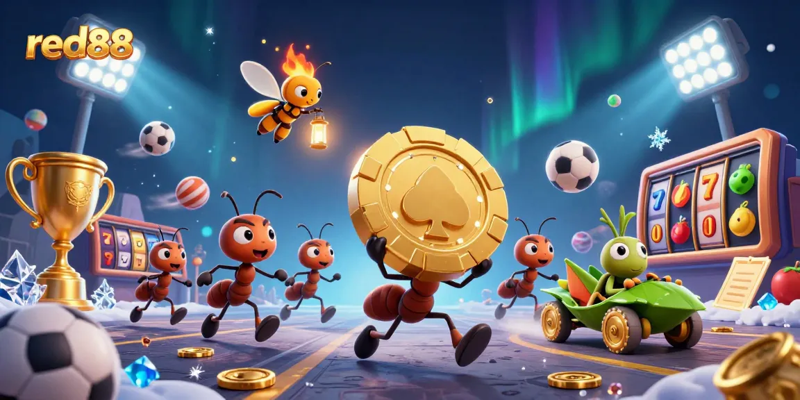 red88 showcases a cartoon heist scene with ants and a grasshopper, blending sports and slots for dynamic excitement.
