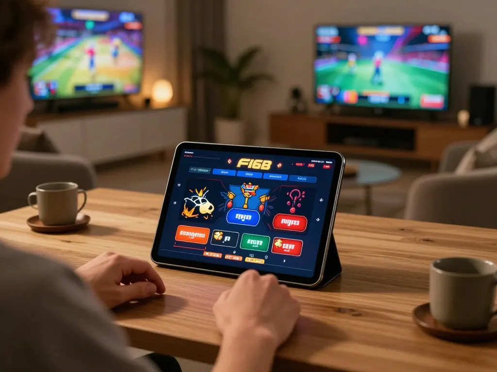 Player engaging with the F168 online casino app on a tablet for strategic gambling.
