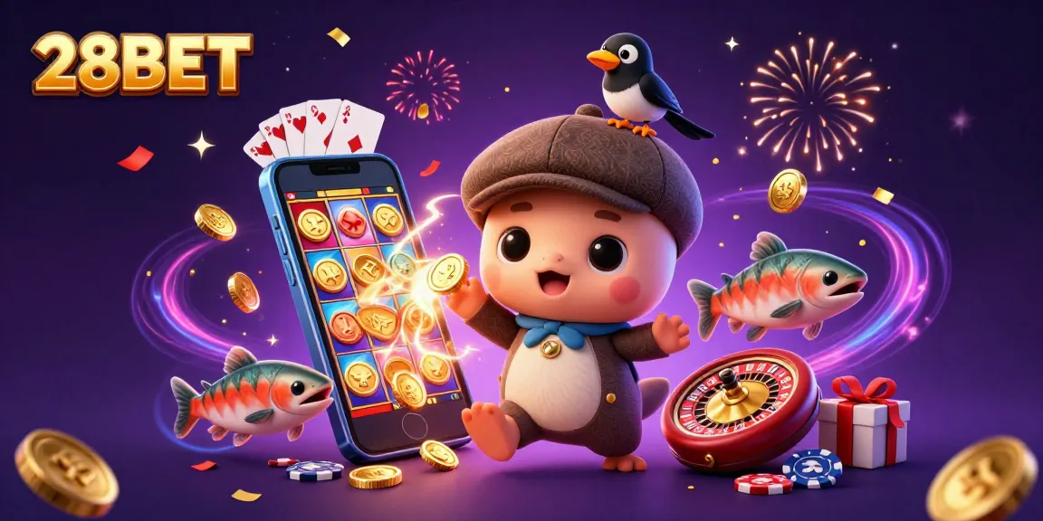 Engage in exciting gameplay at 28BET with vibrant slots, coins, and festive elements in a lively casino scene.