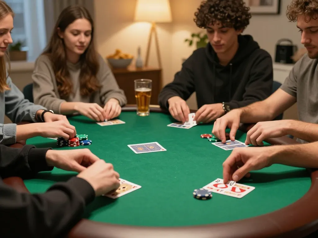Friends enjoying an exciting poker night at home, emphasizing strategic gameplay with 3WIN cards and chips.