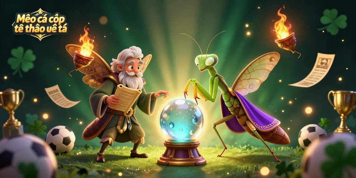 Mẹo cá cược thể thao điện tử illustrated as a fortune teller and a moth librarian surrounded by sports betting elements.