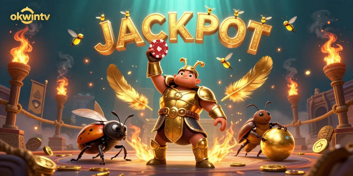 Experience excitement with OKWINTV's jackpot scene featuring beetles and golden gaming elements.