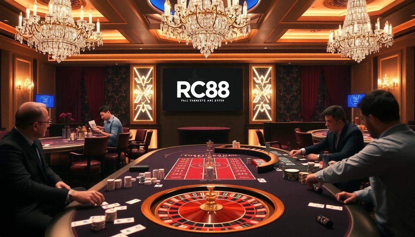 Experience the excitement of RC88 with a vibrant casino scene filled with gaming tables and players.