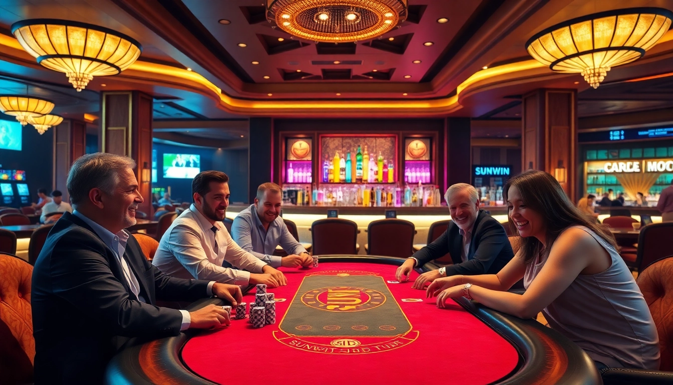 Players engaging at a Sunwin themed poker table in a luxurious casino environment.