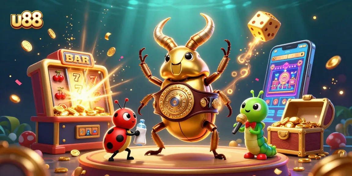 Experience thrilling gaming at u88 as a giant golden stag beetle meets massive jackpot wins surrounded by casino elements.