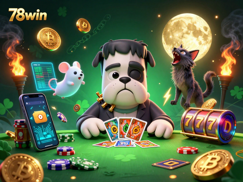 74win captures a vibrant casino scene featuring animated characters and crypto elements.
