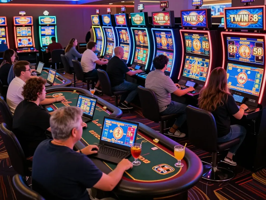 TWIN68 players enjoying vibrant online casino gaming atmosphere with colorful slot machines and dynamic gameplay.