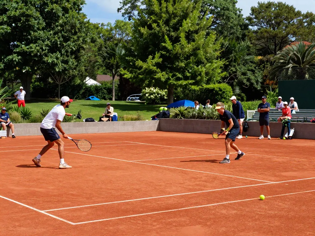 Players enjoying a match on Hybrid Clay tennis courts showcasing vibrant performance and lively atmosphere.
