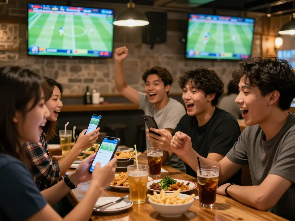 Fans enjoying the thrill of live sports on Xoilac, celebrating match moments in a lively sports bar