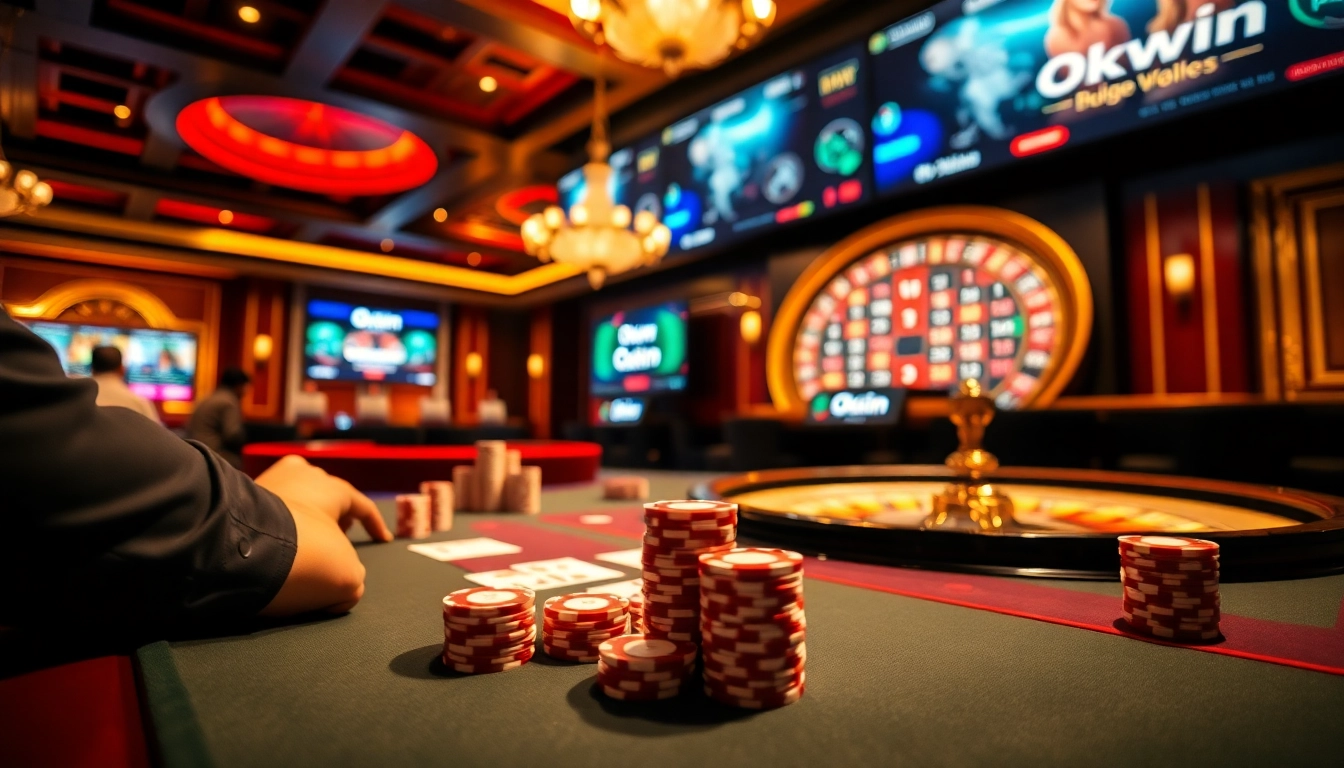 Okwin gaming experience with luxurious poker table and roulette wheel in a vibrant casino scene.