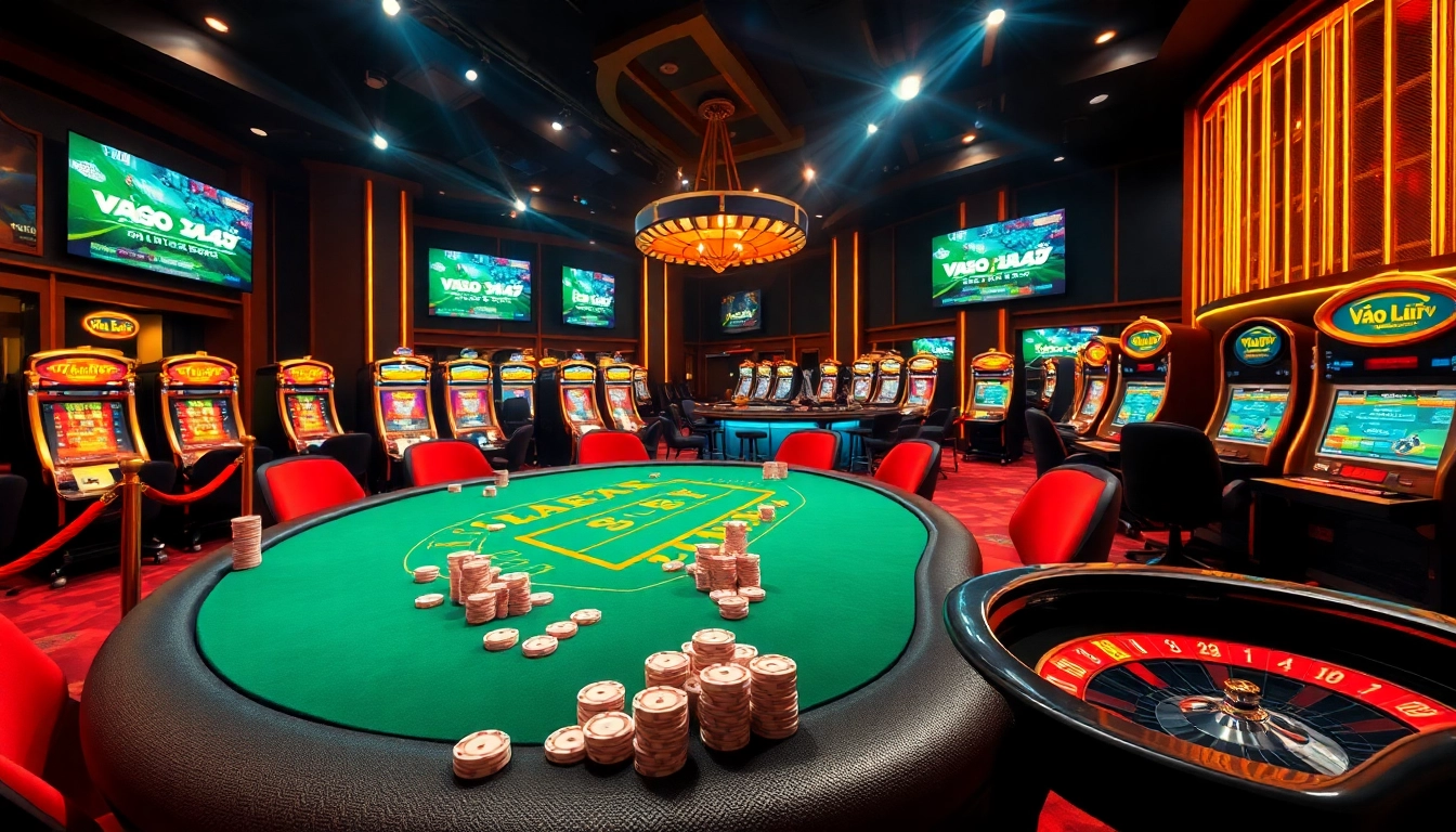 Experience exciting casino thrills with Vào Lưới TV showcasing vibrant poker action and slot machine excitement.