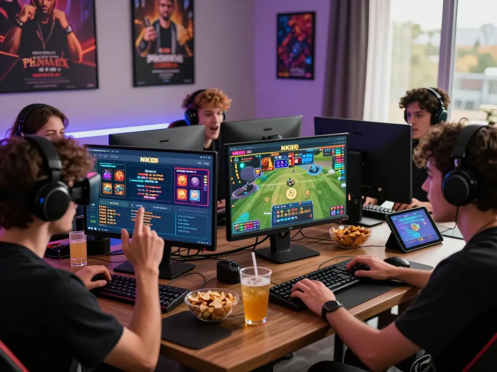 Friends enjoying the NK88 online gaming platform, celebrating a win with vibrant visuals.