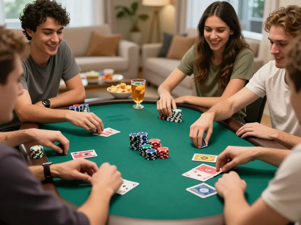 Friends enjoying a poker night with s666 strategies visible on the table in a cozy home setting.