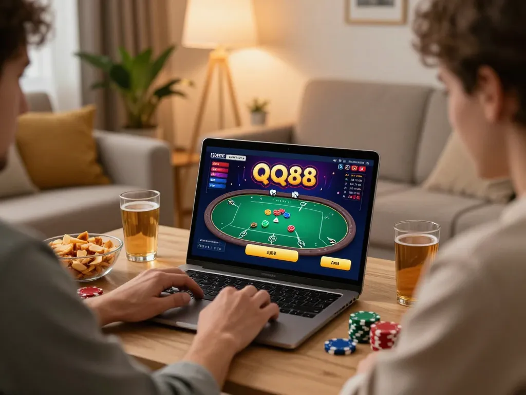 Watch players enjoying the QQ88 movie gaming experience on their laptop, surrounded by strategic notes.