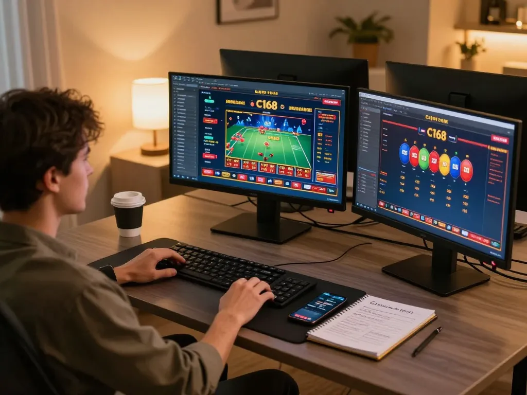 C168 online gaming setup showing a player strategizing at a modern desk with casino games.