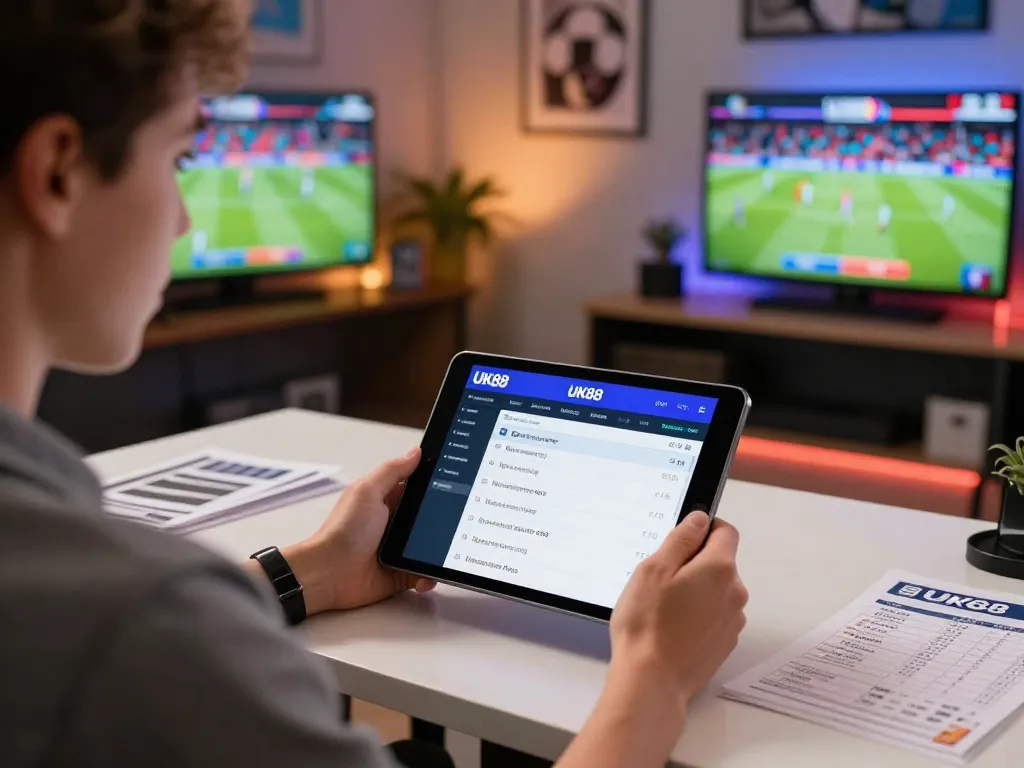 Engaging sports betting moment on UK88 platform, showcasing tablet use and dynamic sports events.