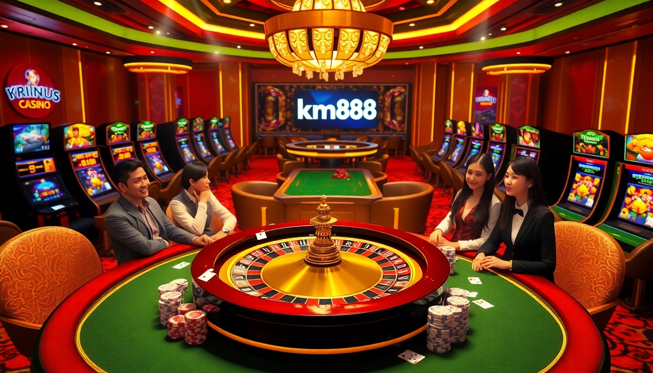 Experience the thrill of km88 in a vibrant casino scene with roulette and poker elements.