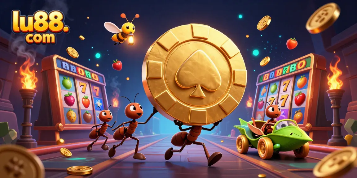 Experience dynamic slots at lu88. com with cartoon ants heisting a golden poker chip.