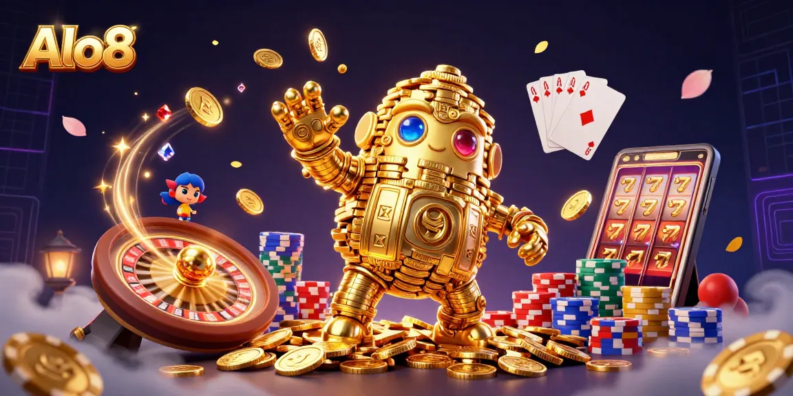 Alo8 delights players with a vibrant 3D casino scene featuring golden golems, slot machines, and roulette.